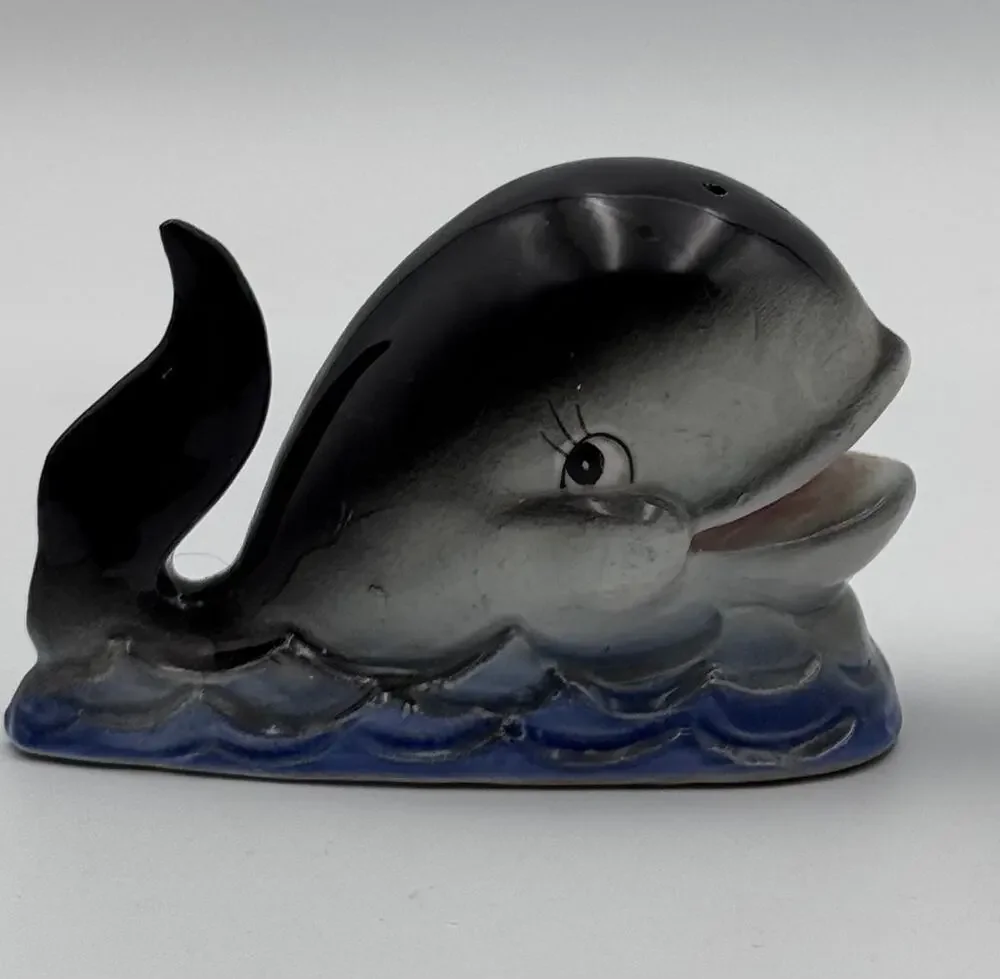 Vintage Anthropomorphic Whale Salt & Pepper Shaker Set Japan Ceramic